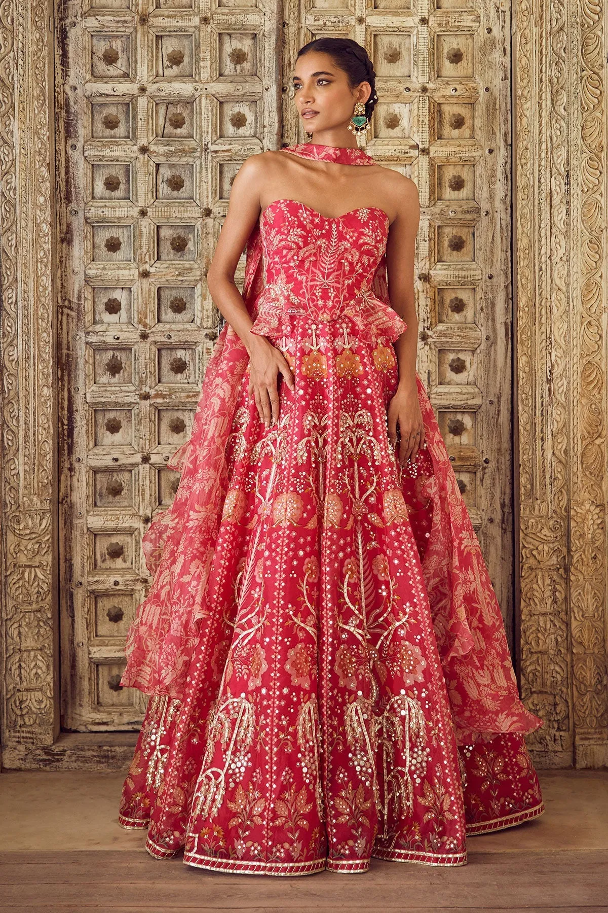 Scarlet Red Strapless Embroidered Lehenga