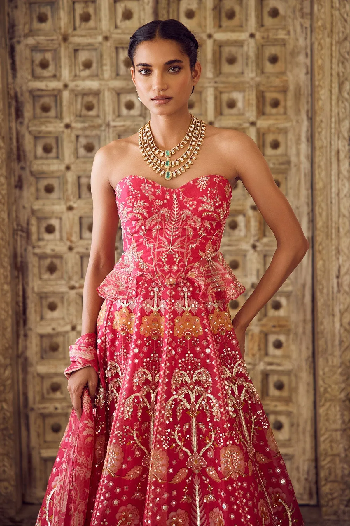 Scarlet Red Strapless Embroidered Lehenga