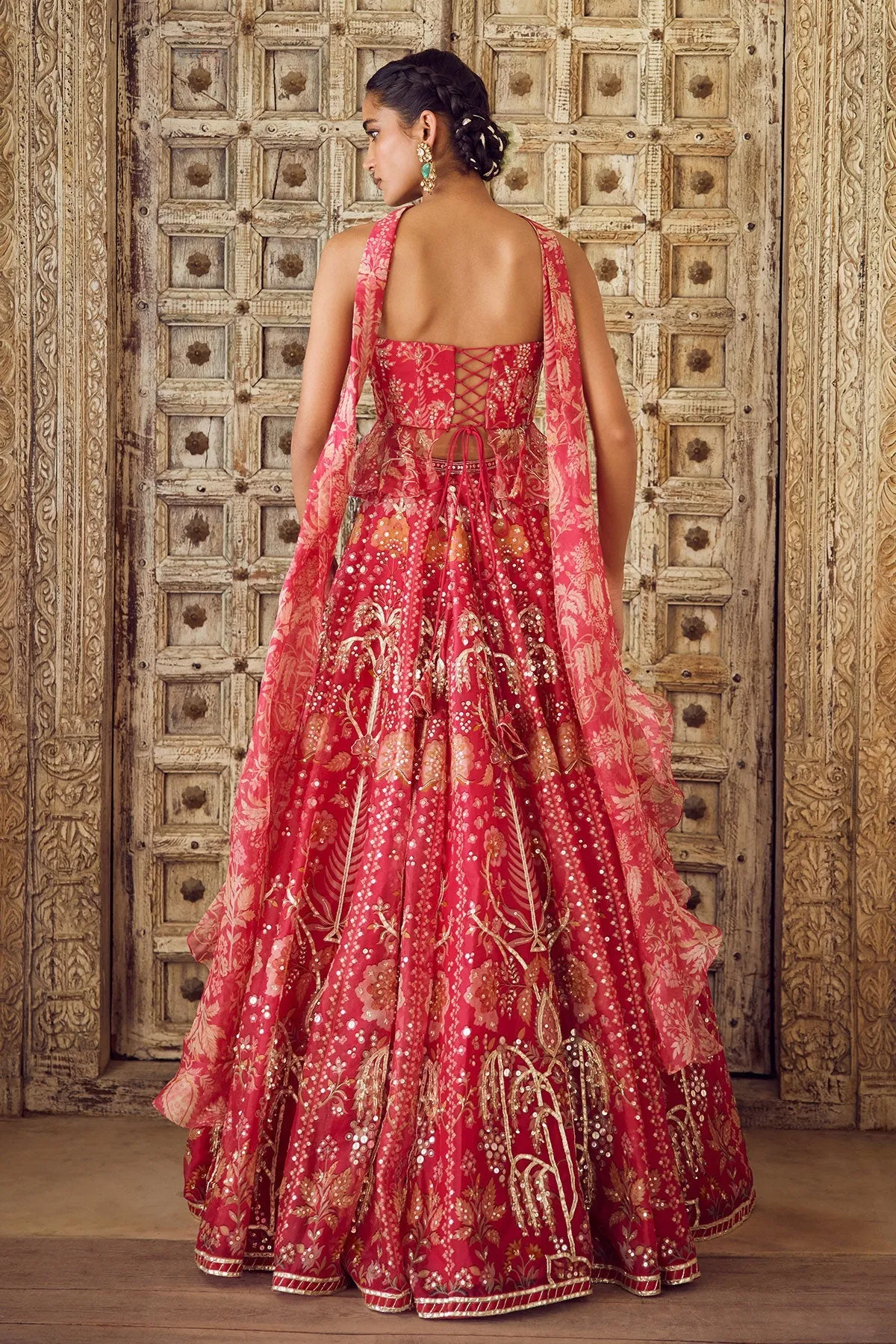 Scarlet Red Strapless Embroidered Lehenga
