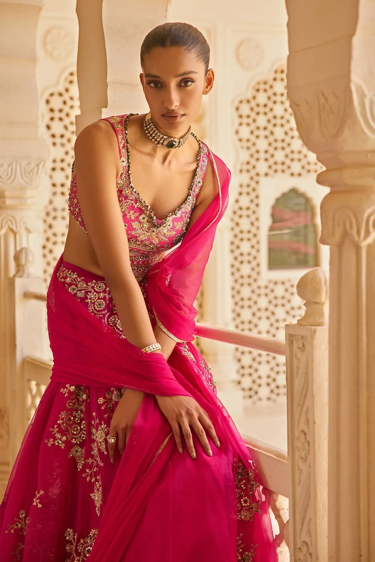 Fuchsia Pink Embroidered Lehenga with Beaded Blouse