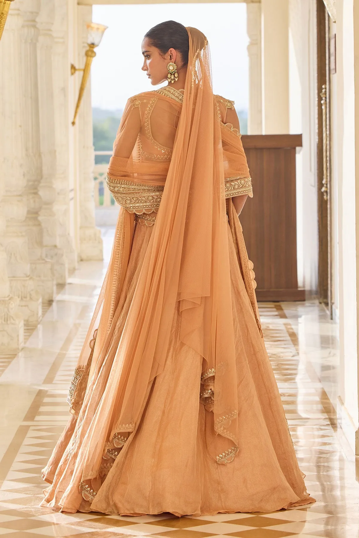 Peach Embroidered Lehenga with Corset-Style Blouse