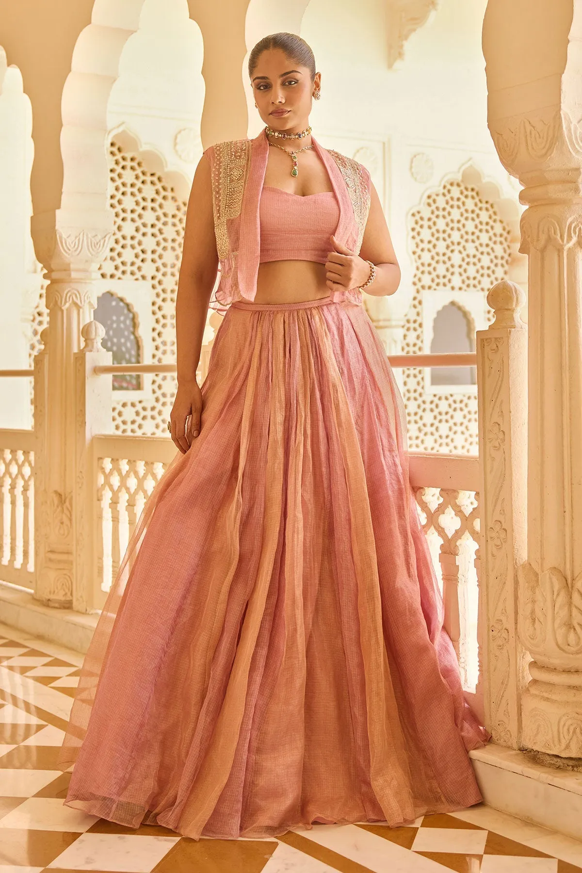 Pink Striped Lehenga with Bustier and Embellished Jacket