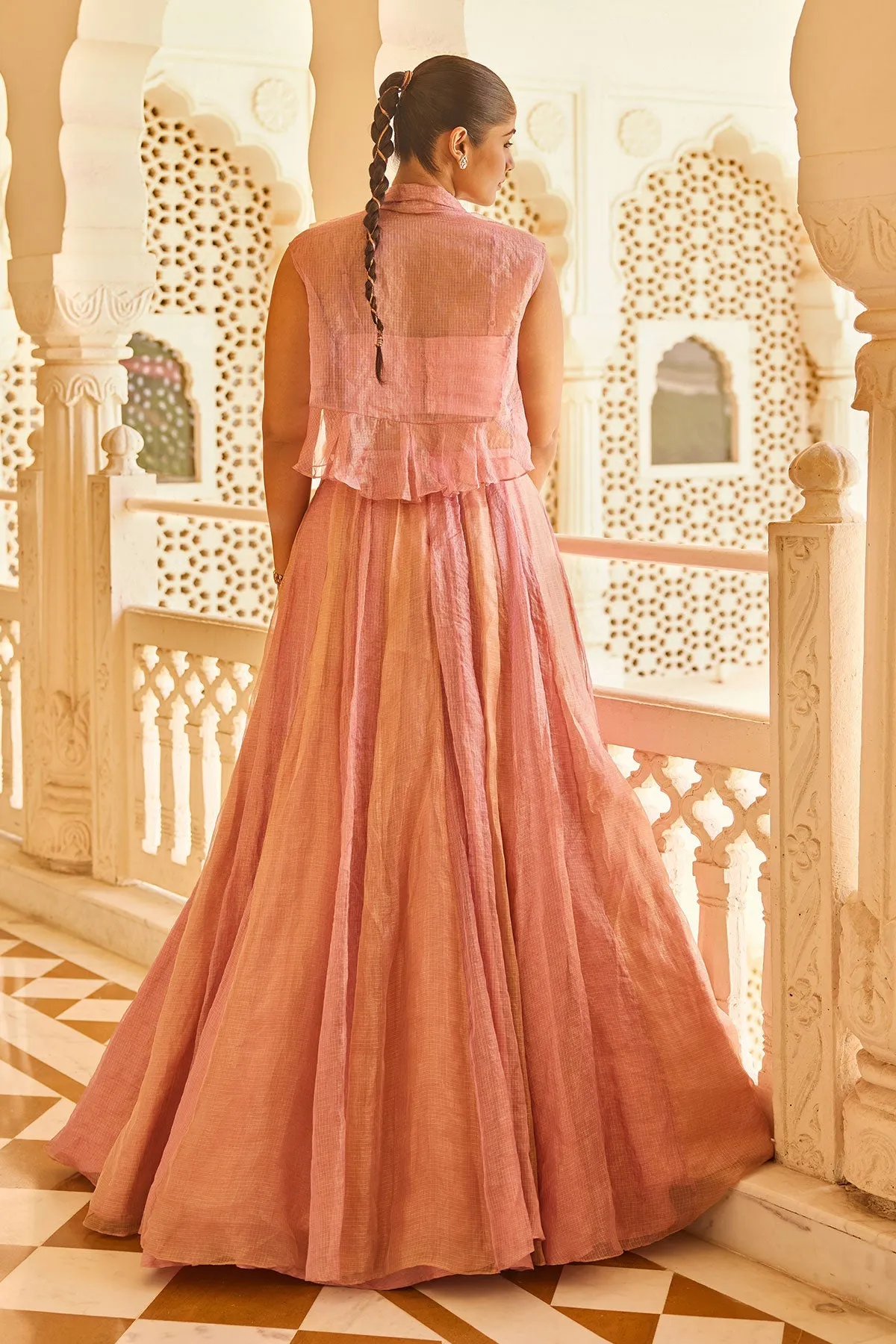 Pink Striped Lehenga with Bustier and Embellished Jacket