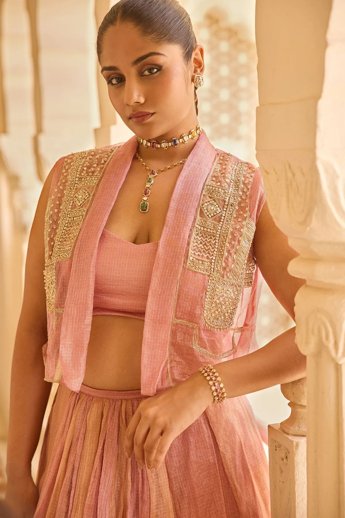 Pink Striped Lehenga with Bustier and Embellished Jacket