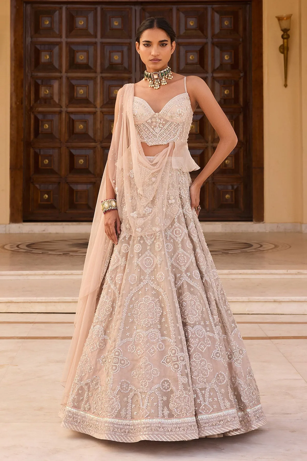 Nude Embroidered Lehenga with Bustier Blouse