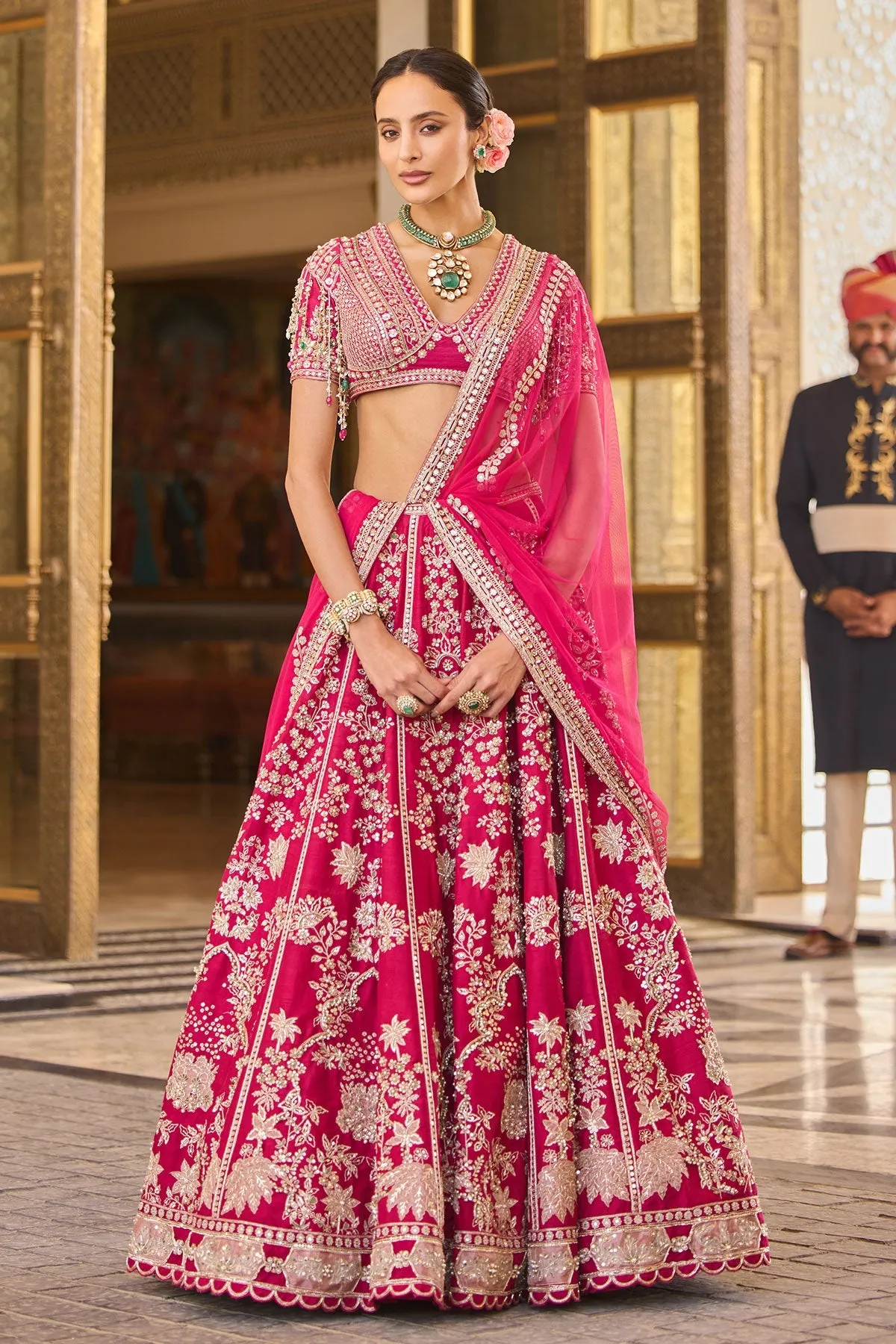 Fuchsia Pink Embroidered Bridal Lehenga with Mirror Work