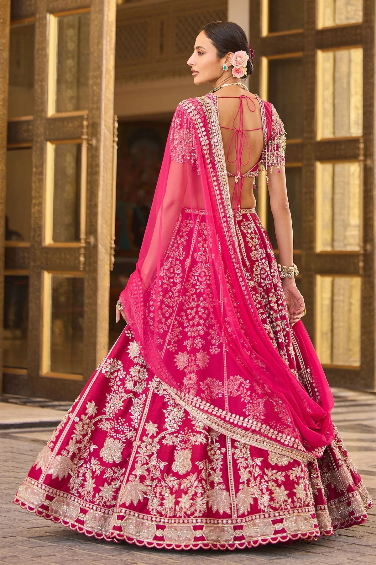 Fuchsia Pink Embroidered Bridal Lehenga with Mirror Work