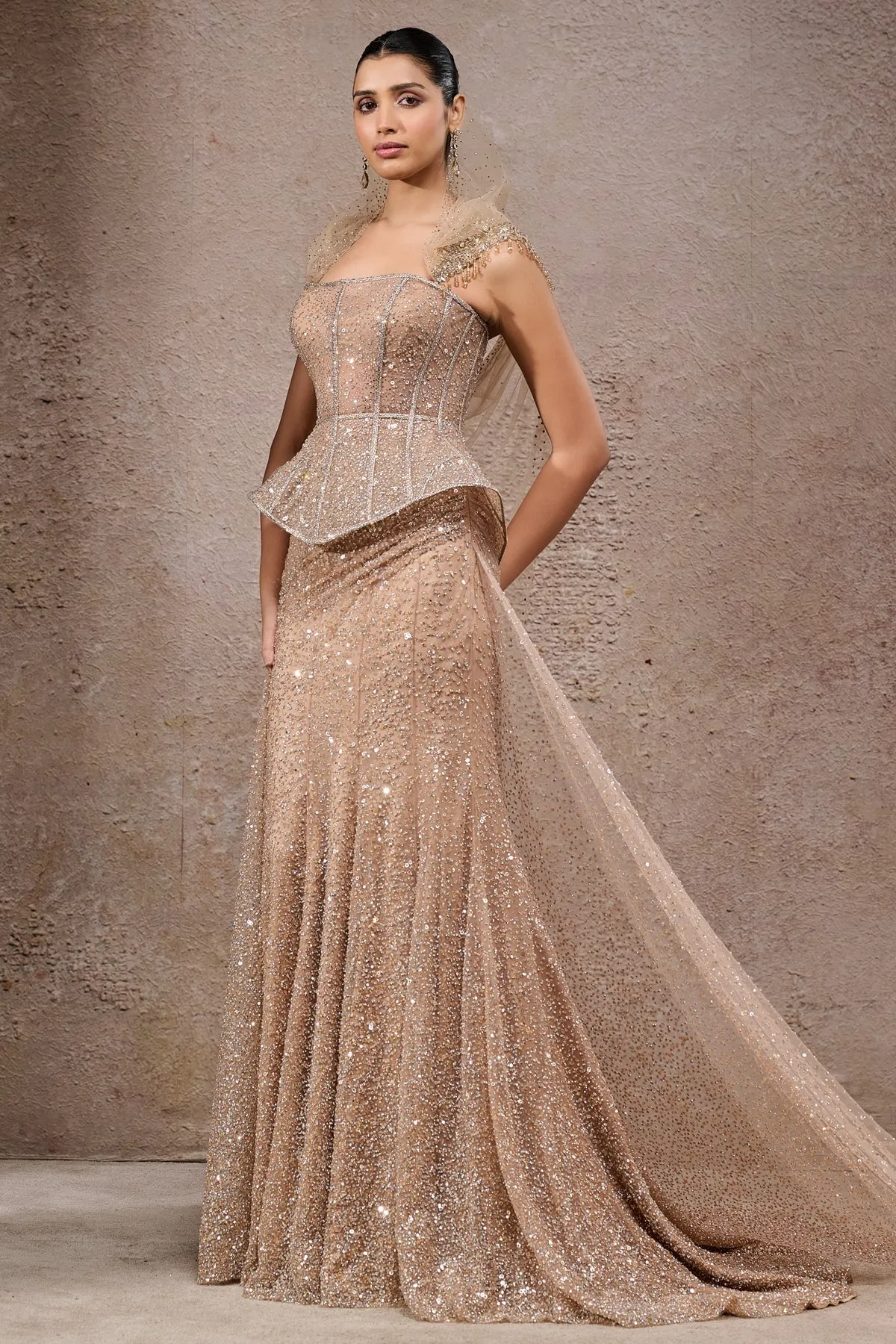 Champagne Gold Sequin Embellished Gown