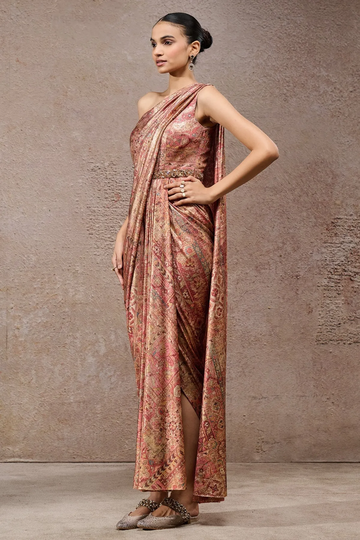 Metallic Brocade One-Shoulder Sari