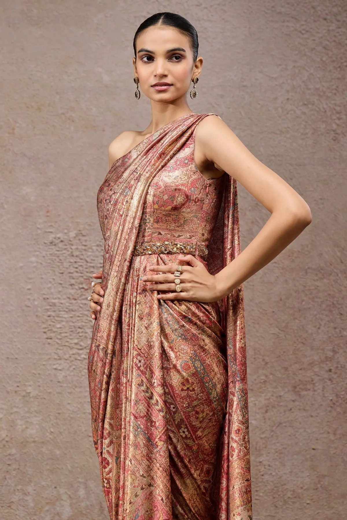 Metallic Brocade One-Shoulder Sari