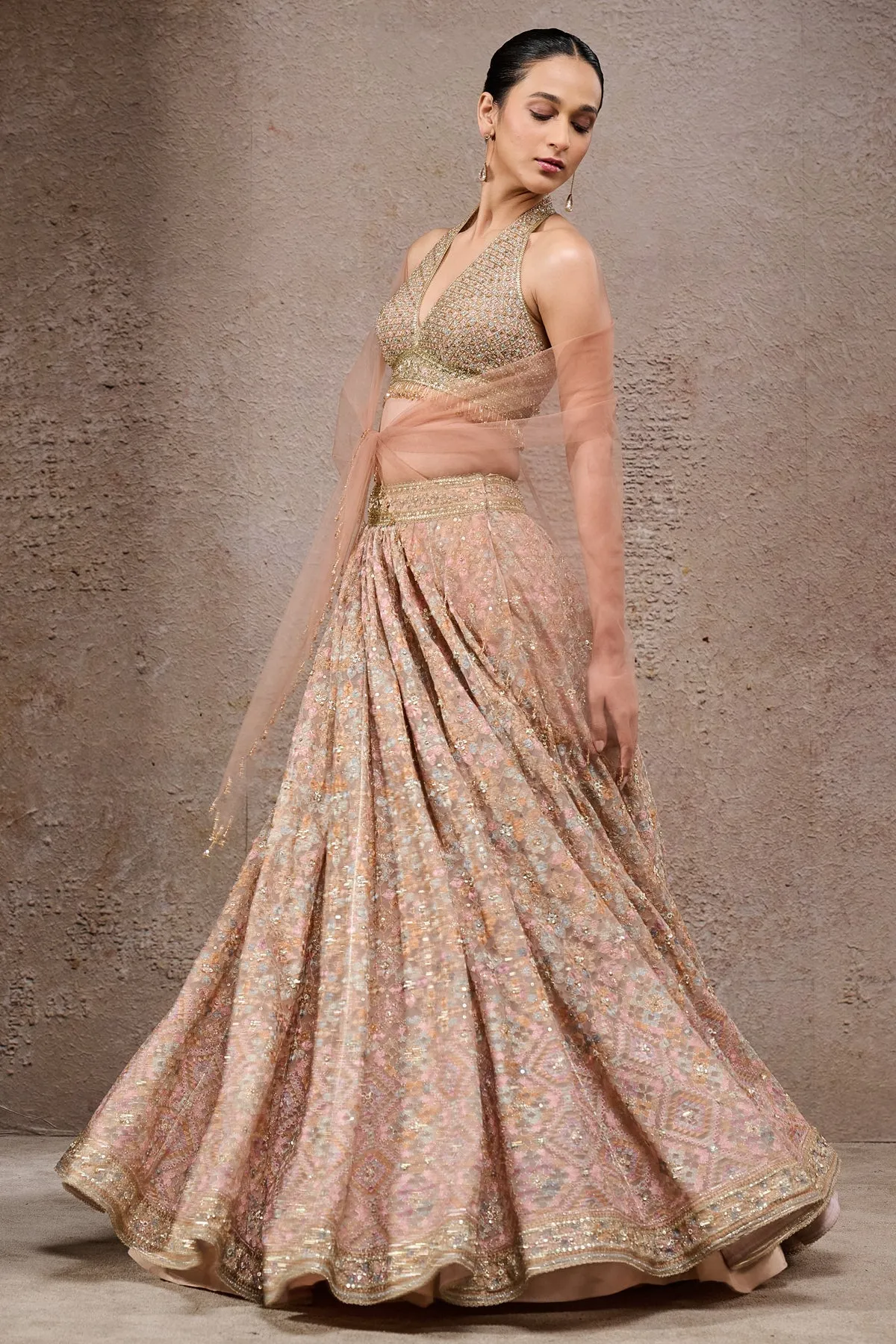 Peach Halter Neck Embroidered Lehenga