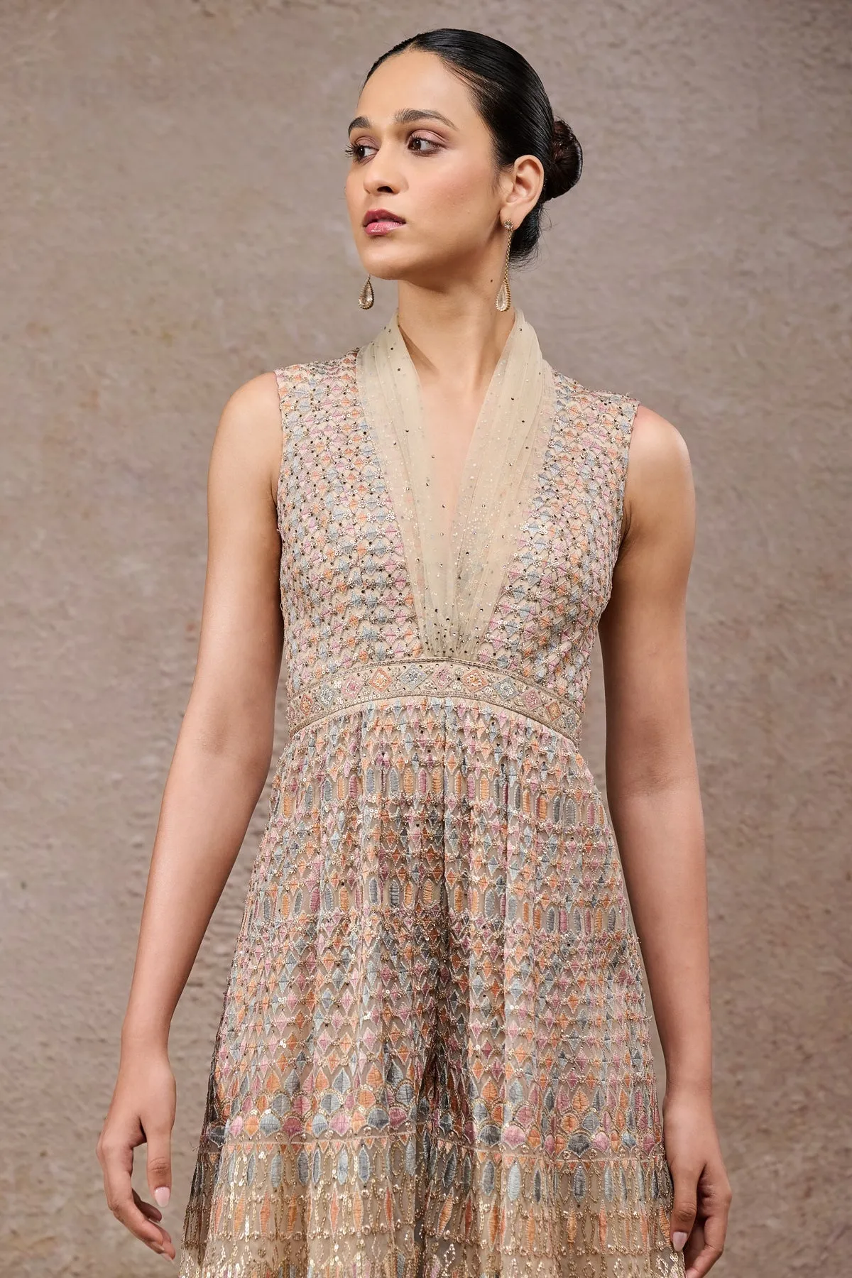 Multicolor Sleeveless Embroidered Suit