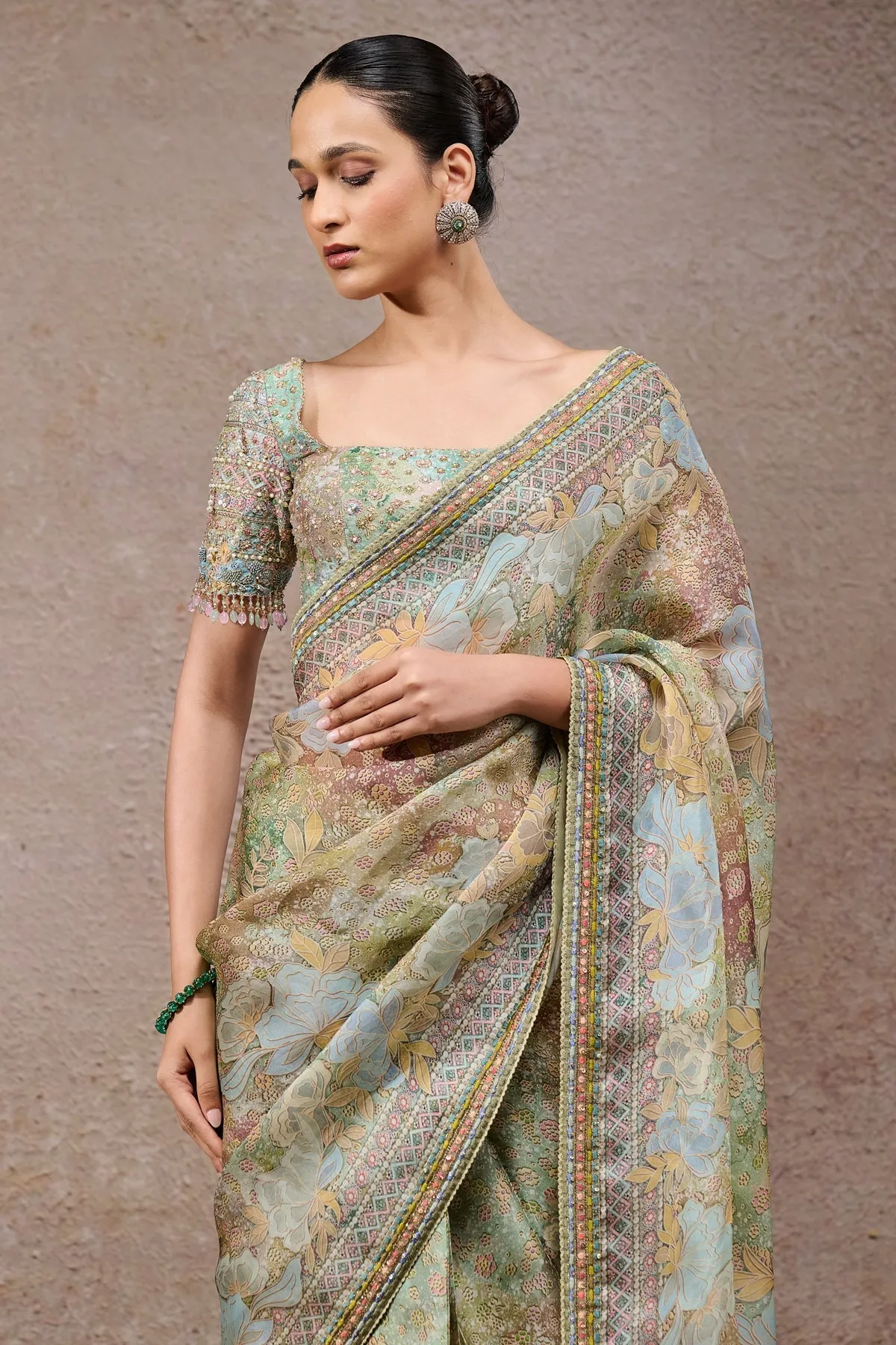 Pastel Floral Printed Sari with Embellished Blouse