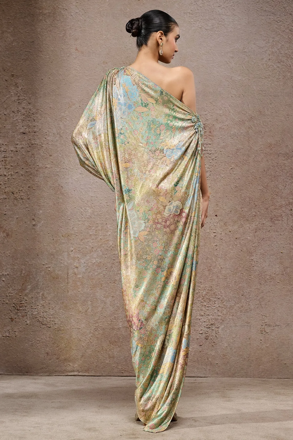 One-Shoulder Metallic Draped Gown