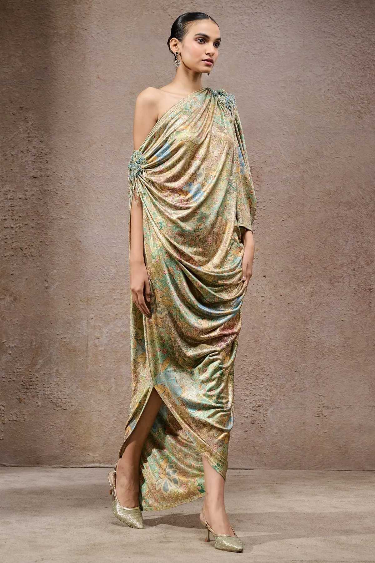 One-Shoulder Metallic Draped Gown