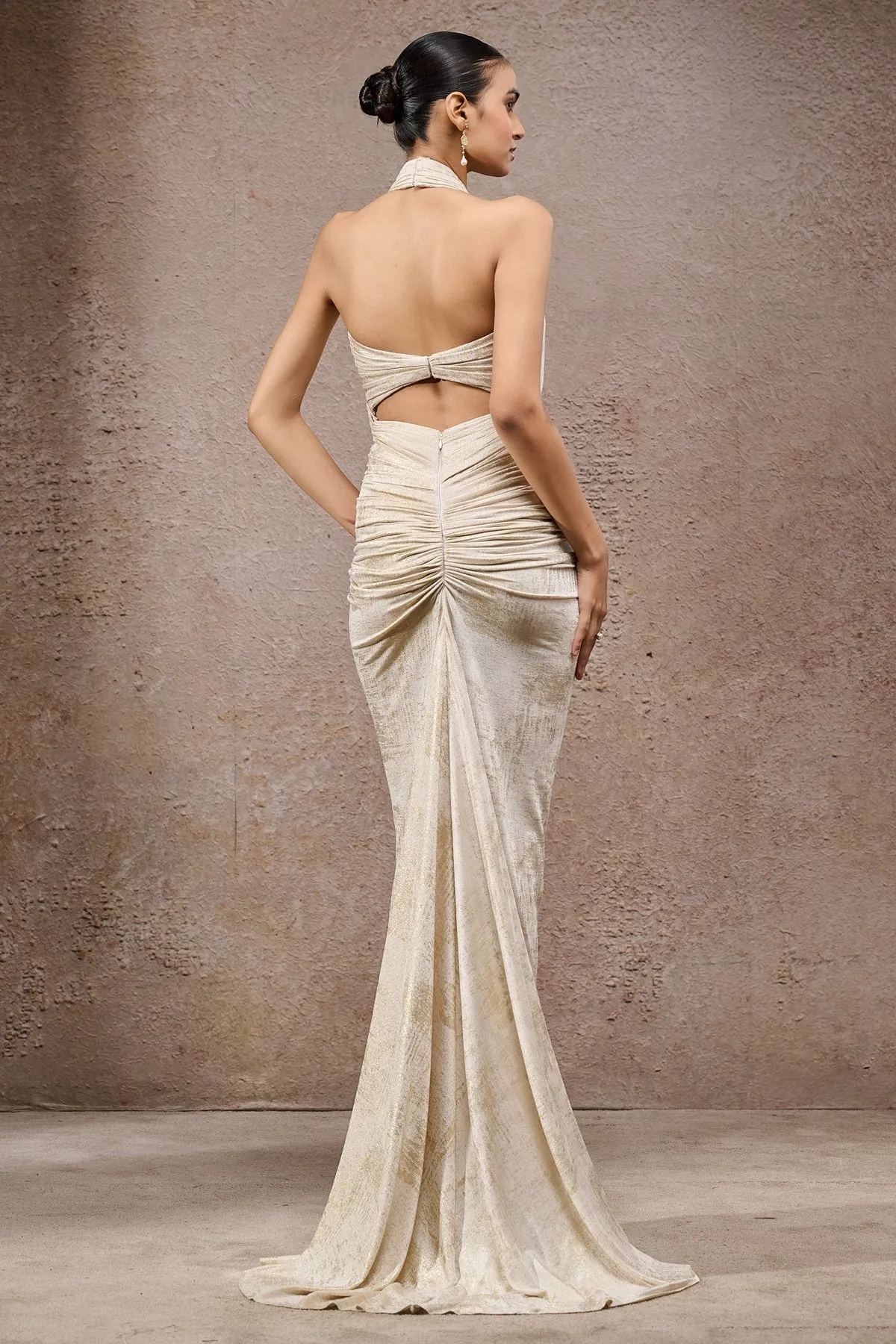 Champagne Embellished Draped Gown