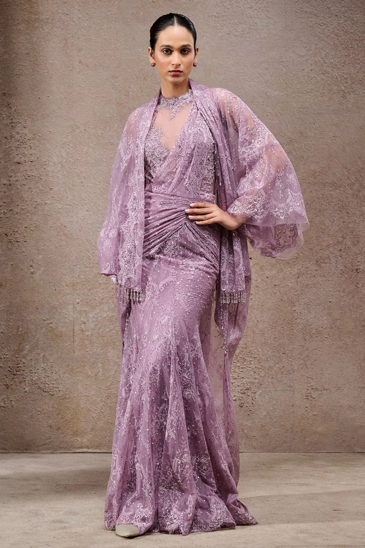 Lavender Lace Embellished Sari