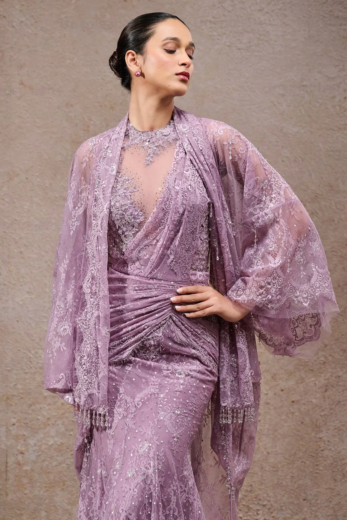 Lavender Lace Embellished Sari
