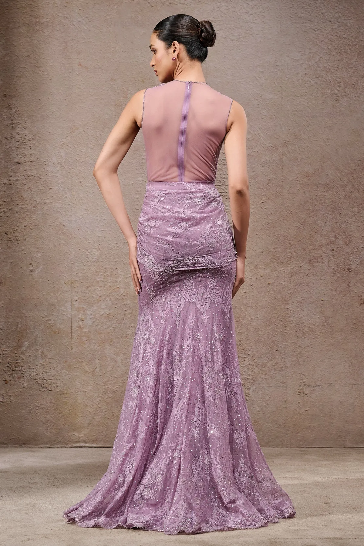 Lavender Embellished Lace Sari