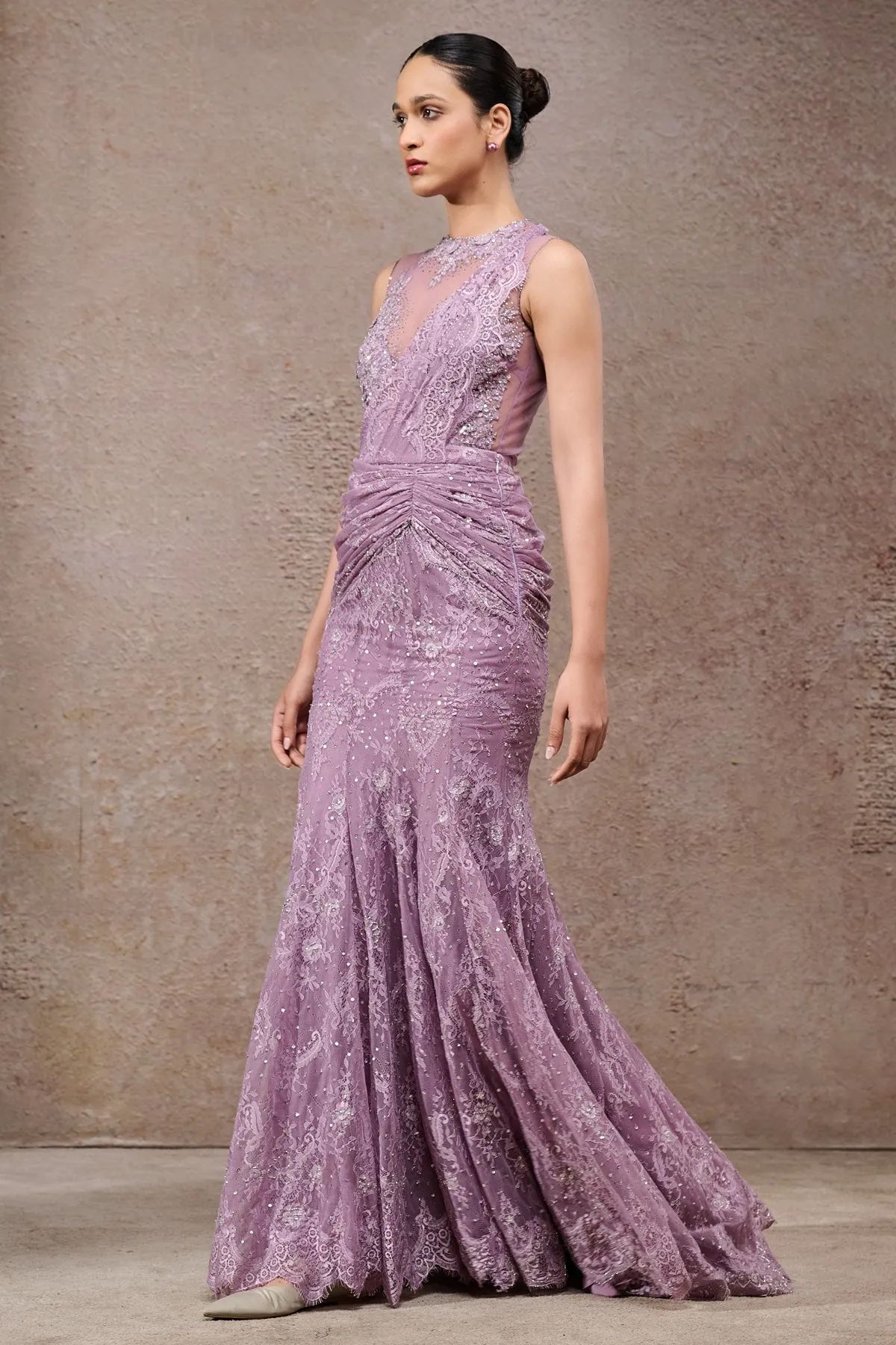 Lavender Embellished Lace Sari