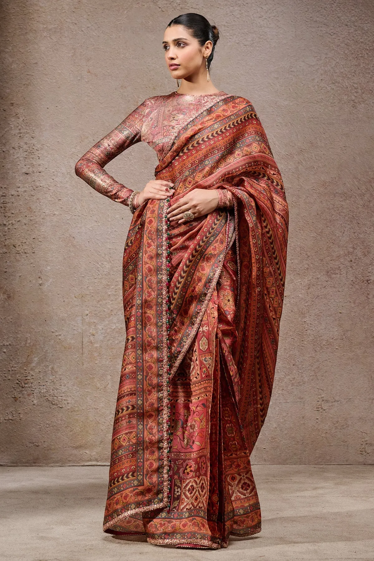 Rust Red Printed Silk Sari