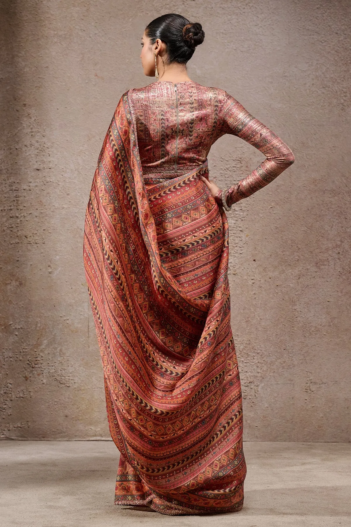 Rust Red Printed Silk Sari