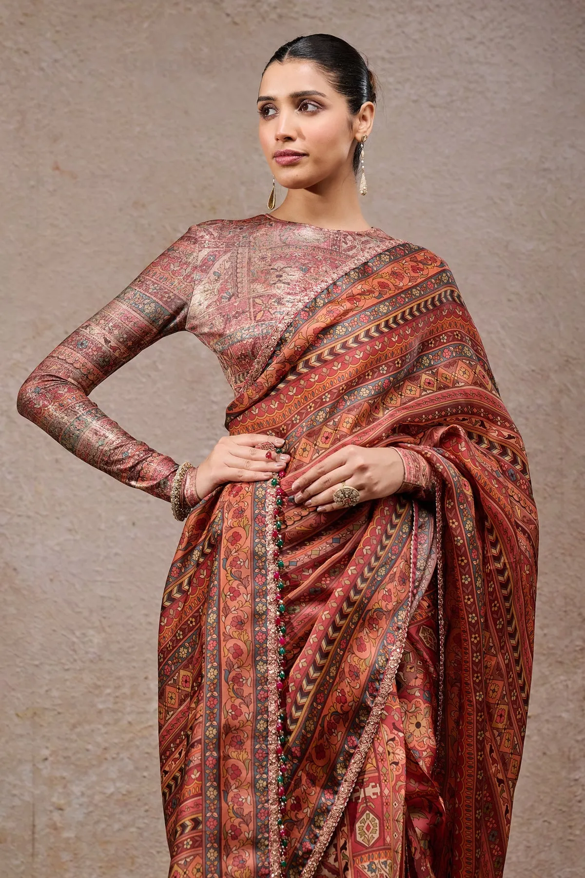 Rust Red Printed Silk Sari