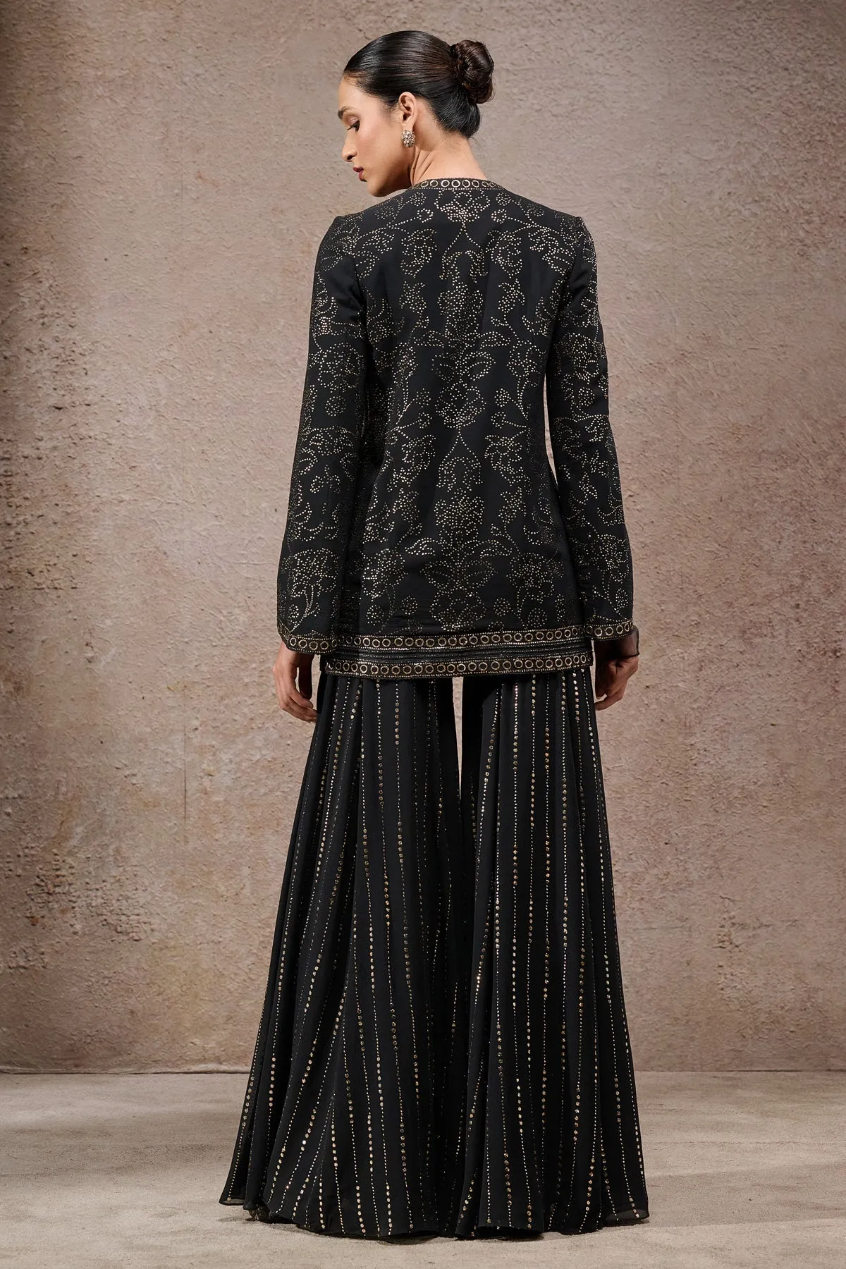 Black Embroidered Sharara Set with Long Jacket