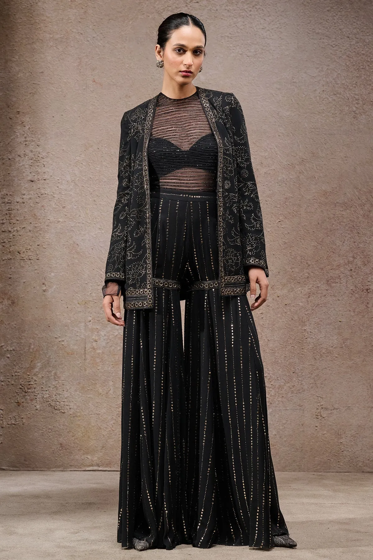 Black Embroidered Sharara Set with Long Jacket