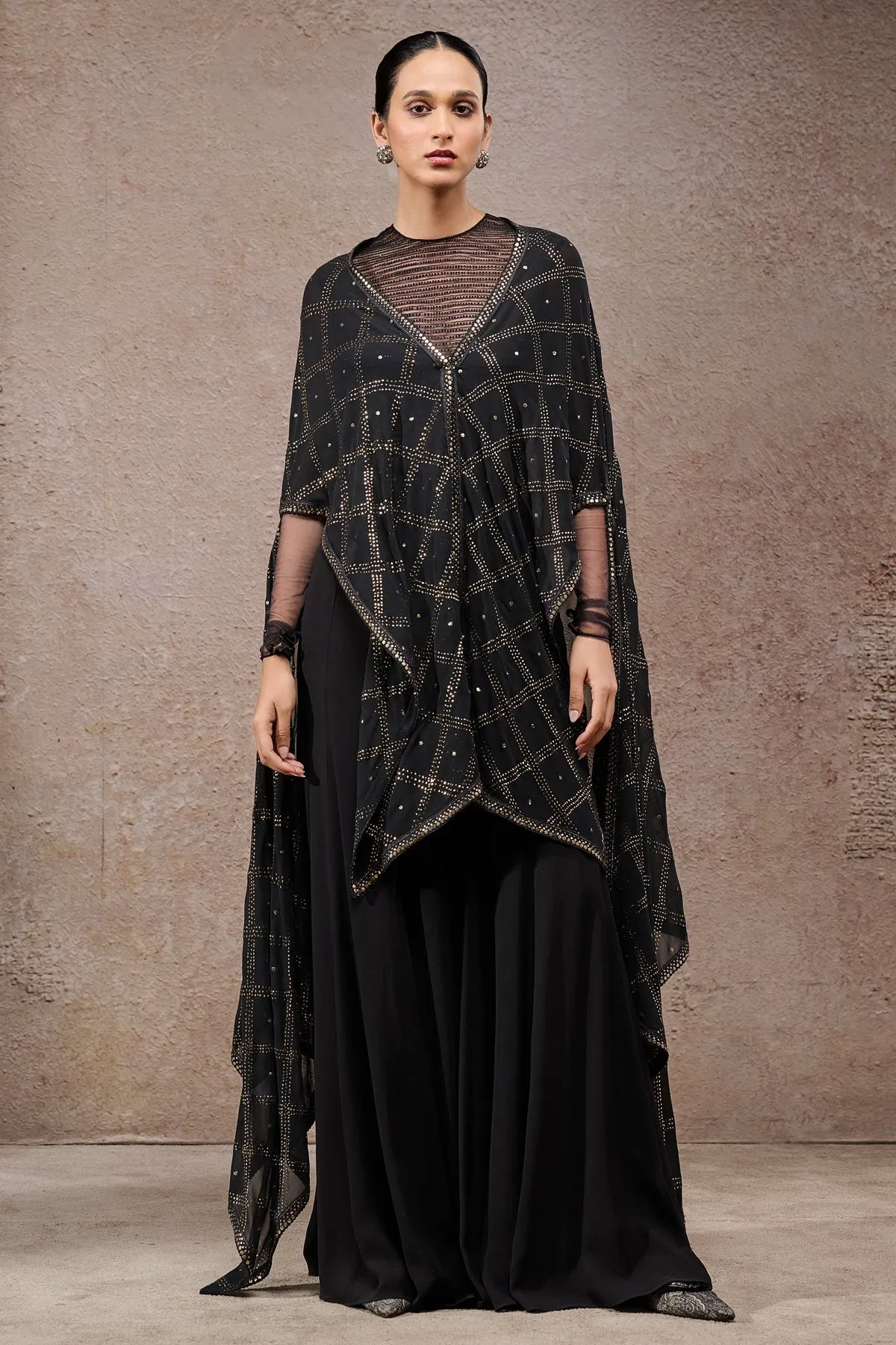 Black Draped Sharara Set with Cape