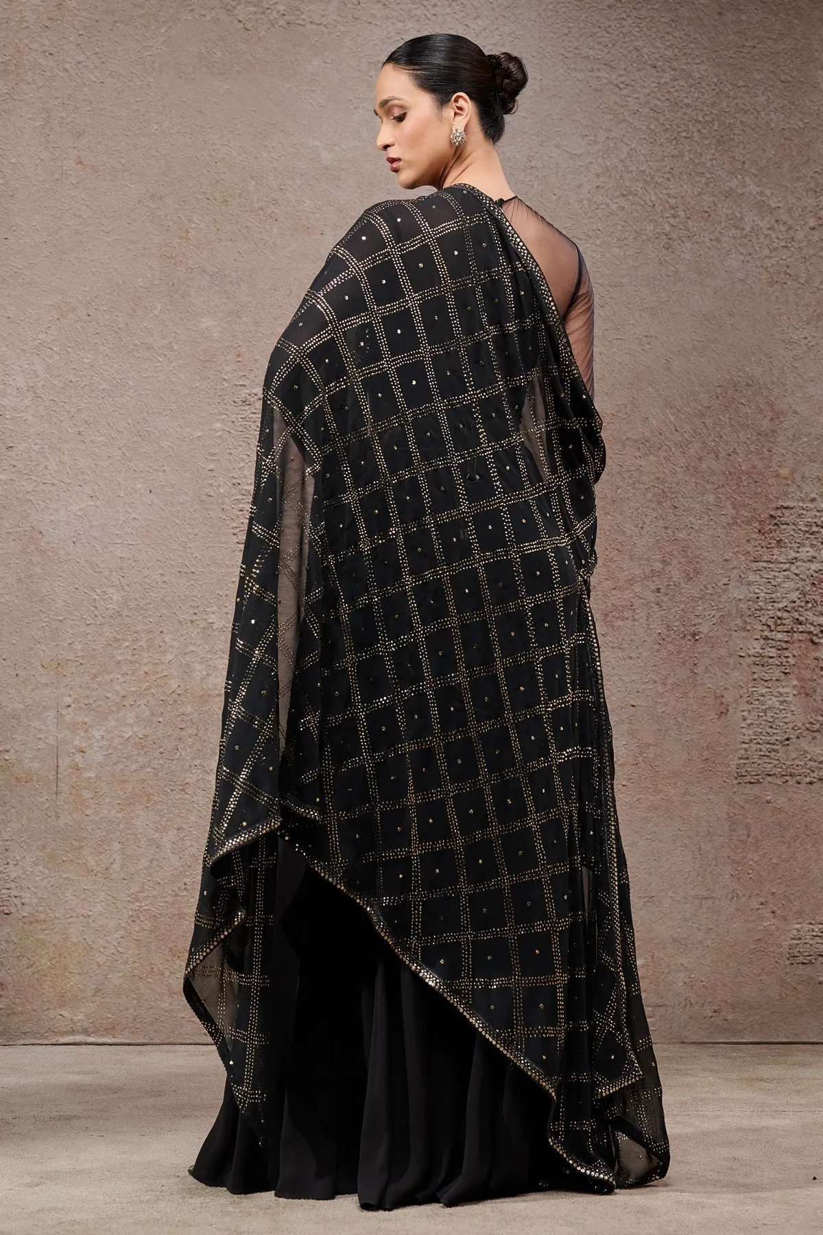 Black Draped Sharara Set with Cape