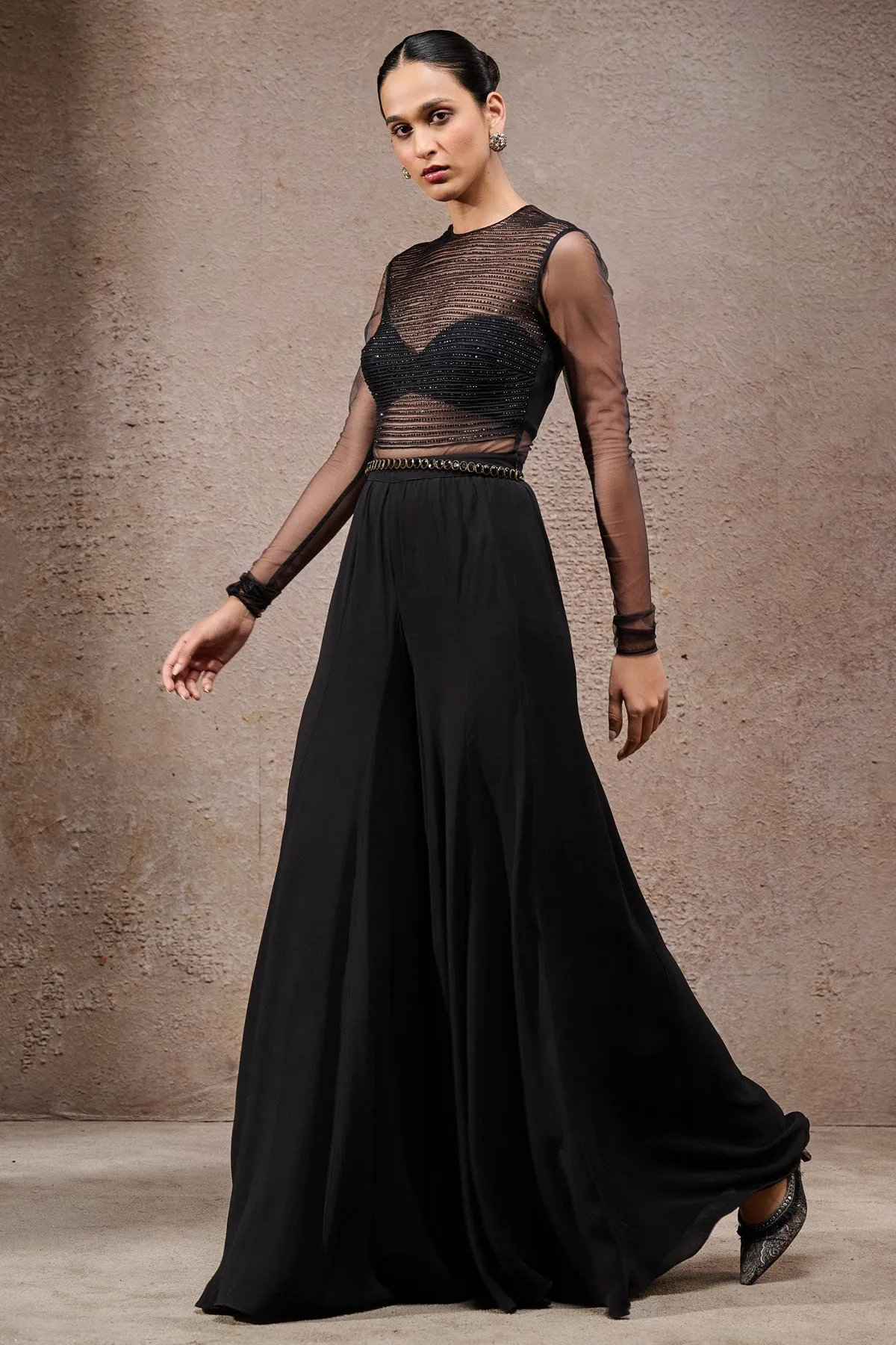Black Draped Sharara Set with Cape