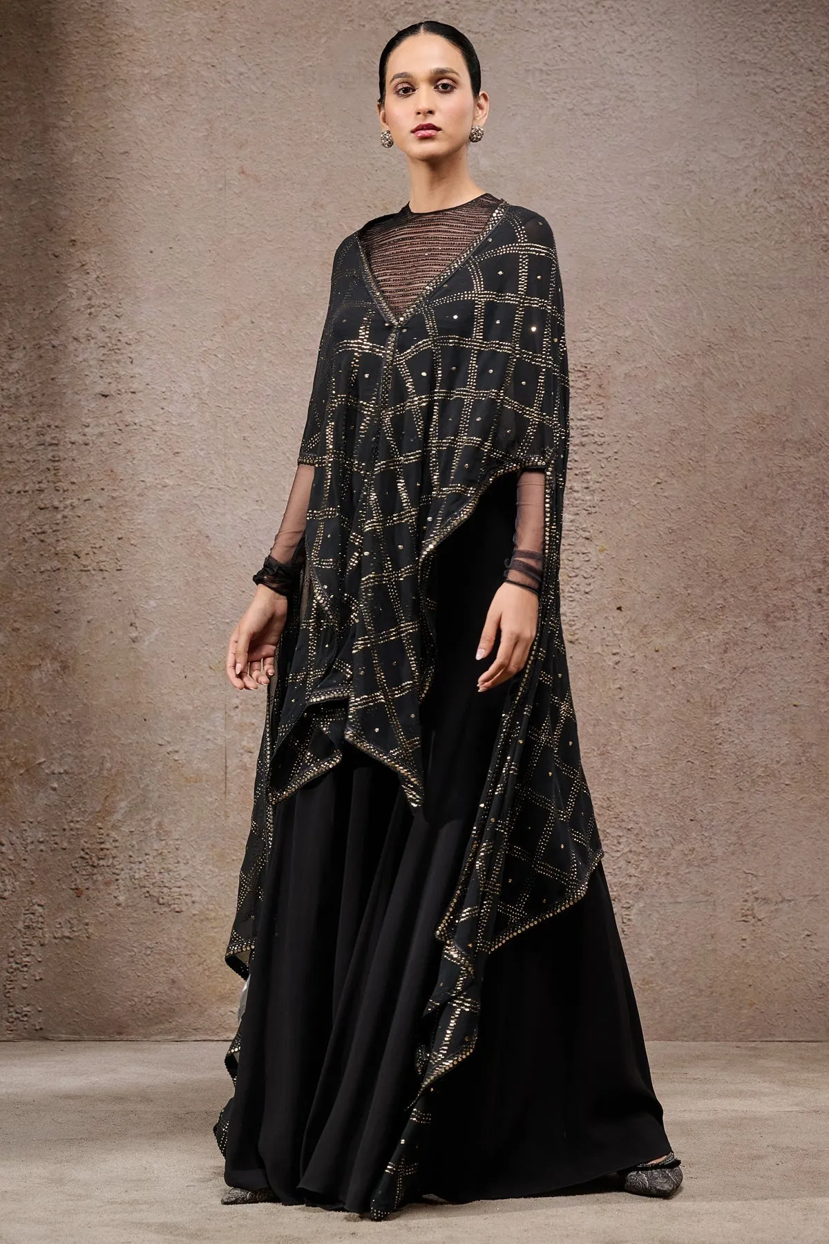 Black Draped Sharara Set with Cape