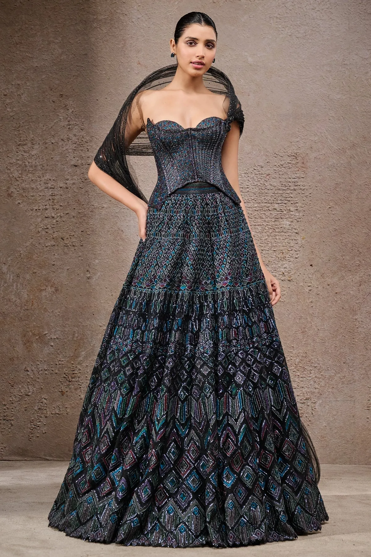 Black Corset Lehenga with Geometric Embroidery