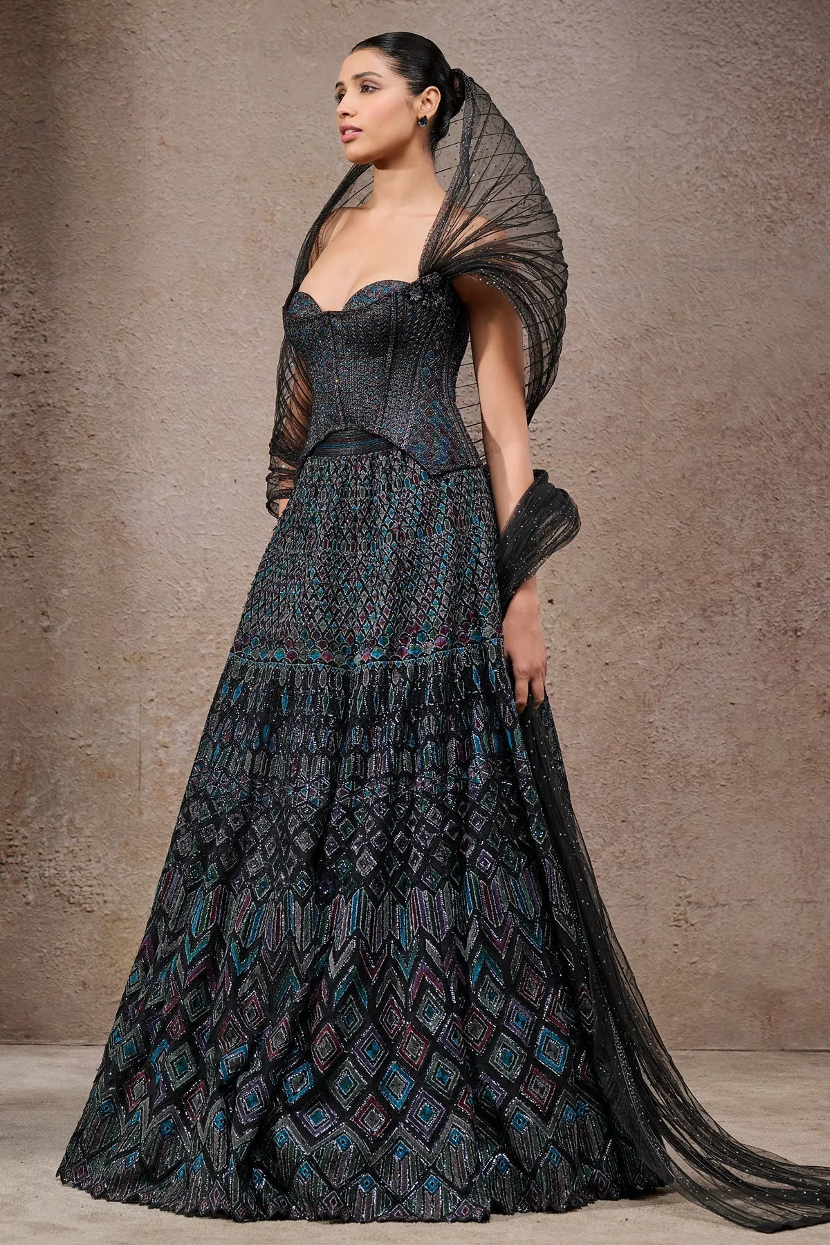 Black Corset Lehenga with Geometric Embroidery