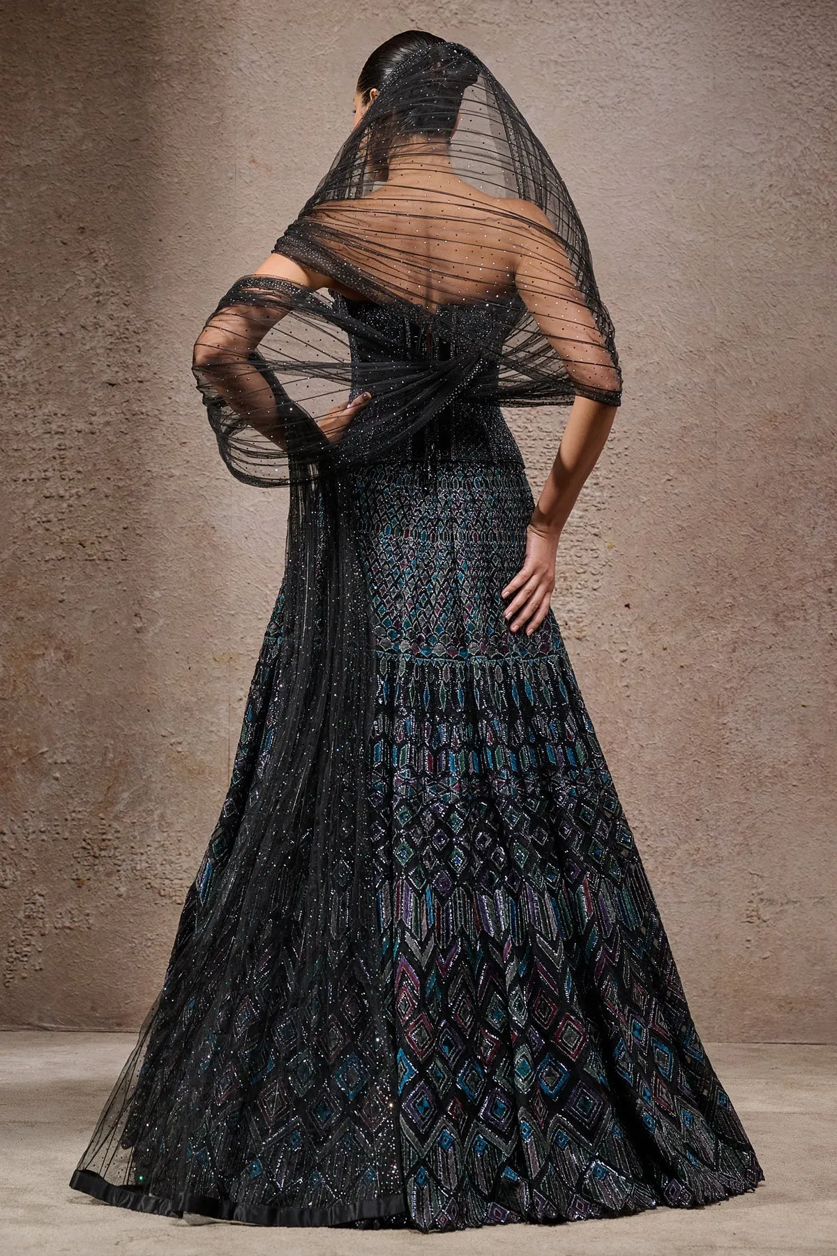 Black Corset Lehenga with Geometric Embroidery