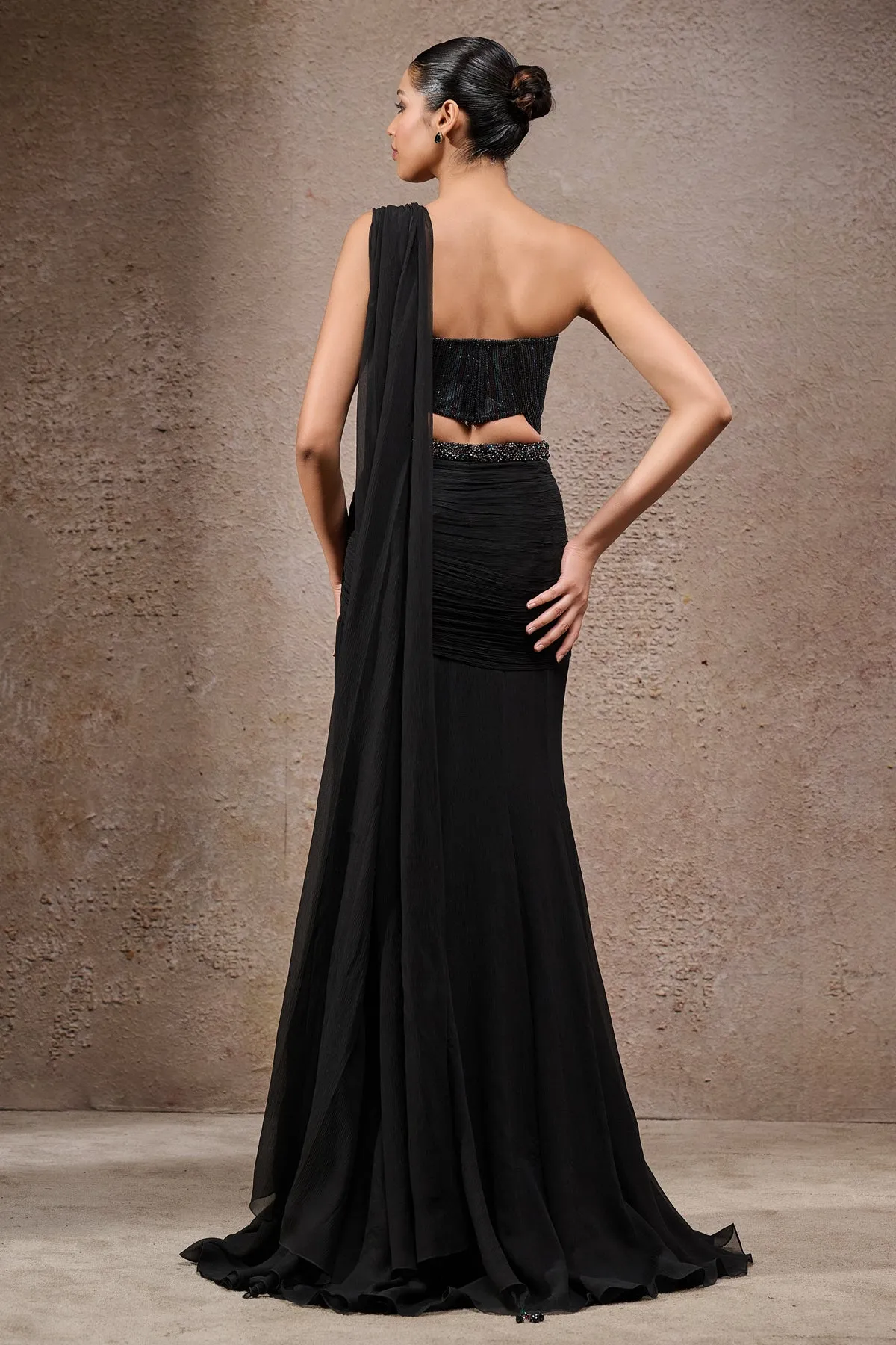 Black One-Shoulder Embroidered Sari