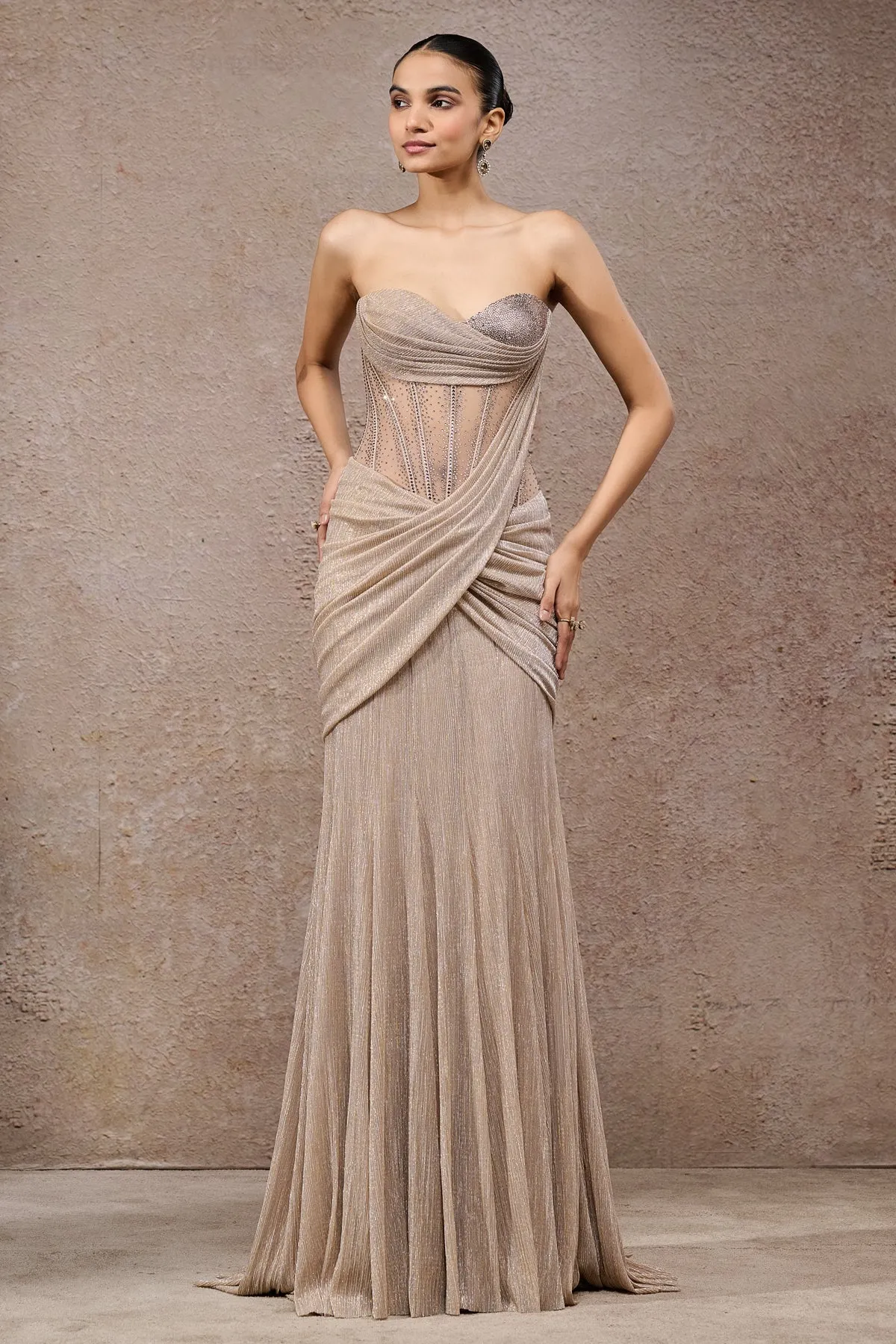 Champagne Embellished Draped Gown