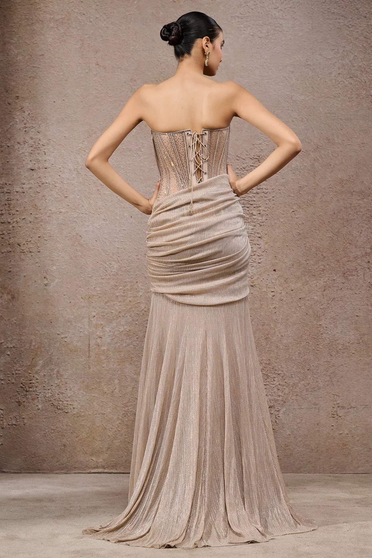Champagne Embellished Draped Gown