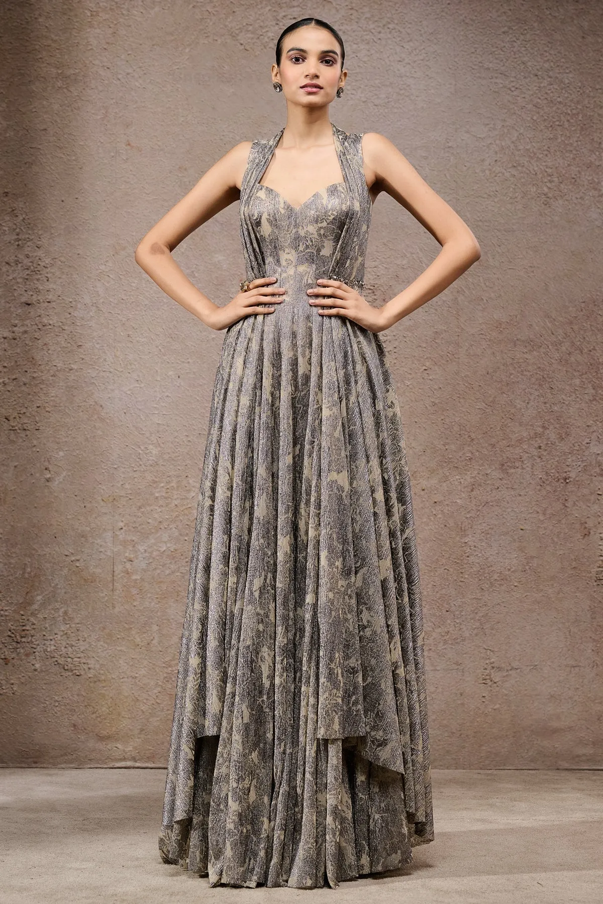 Metallic Textured Pleated Gown