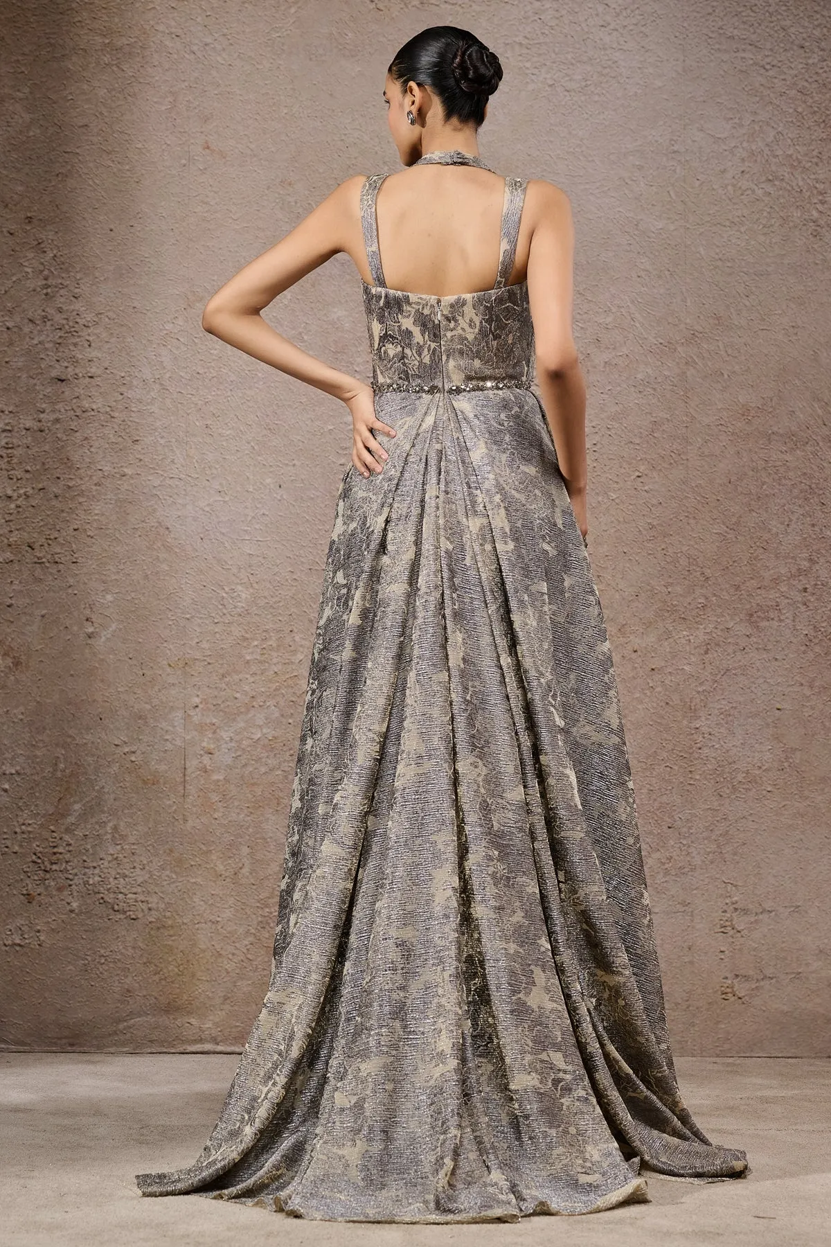 Metallic Textured Pleated Gown