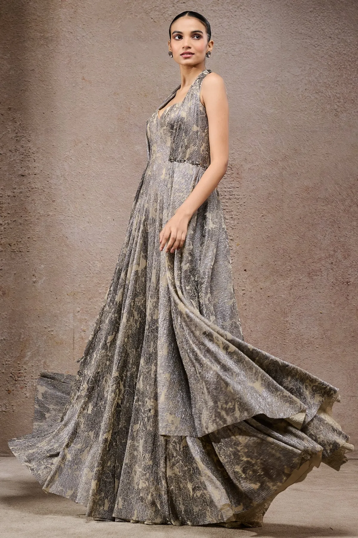 Metallic Textured Pleated Gown