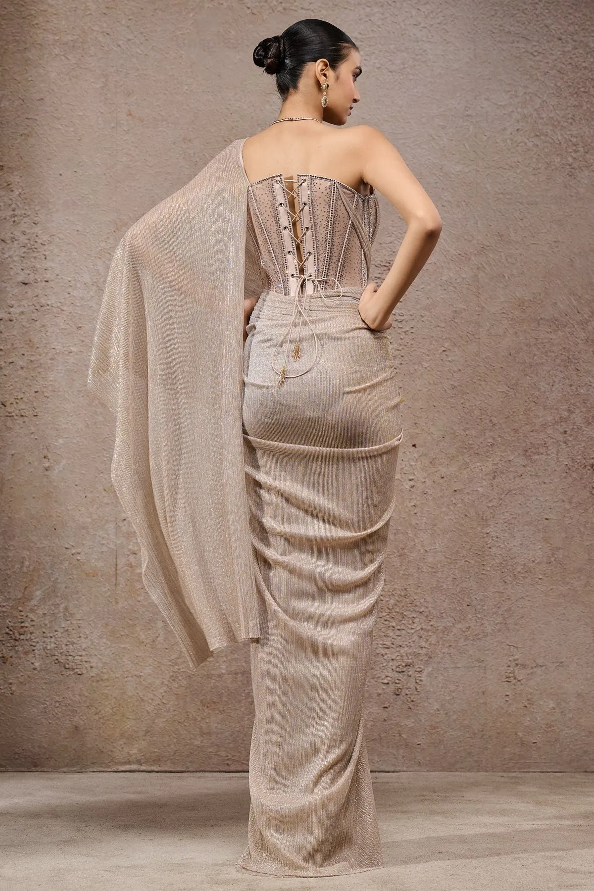 Champagne Metallic Draped Sari