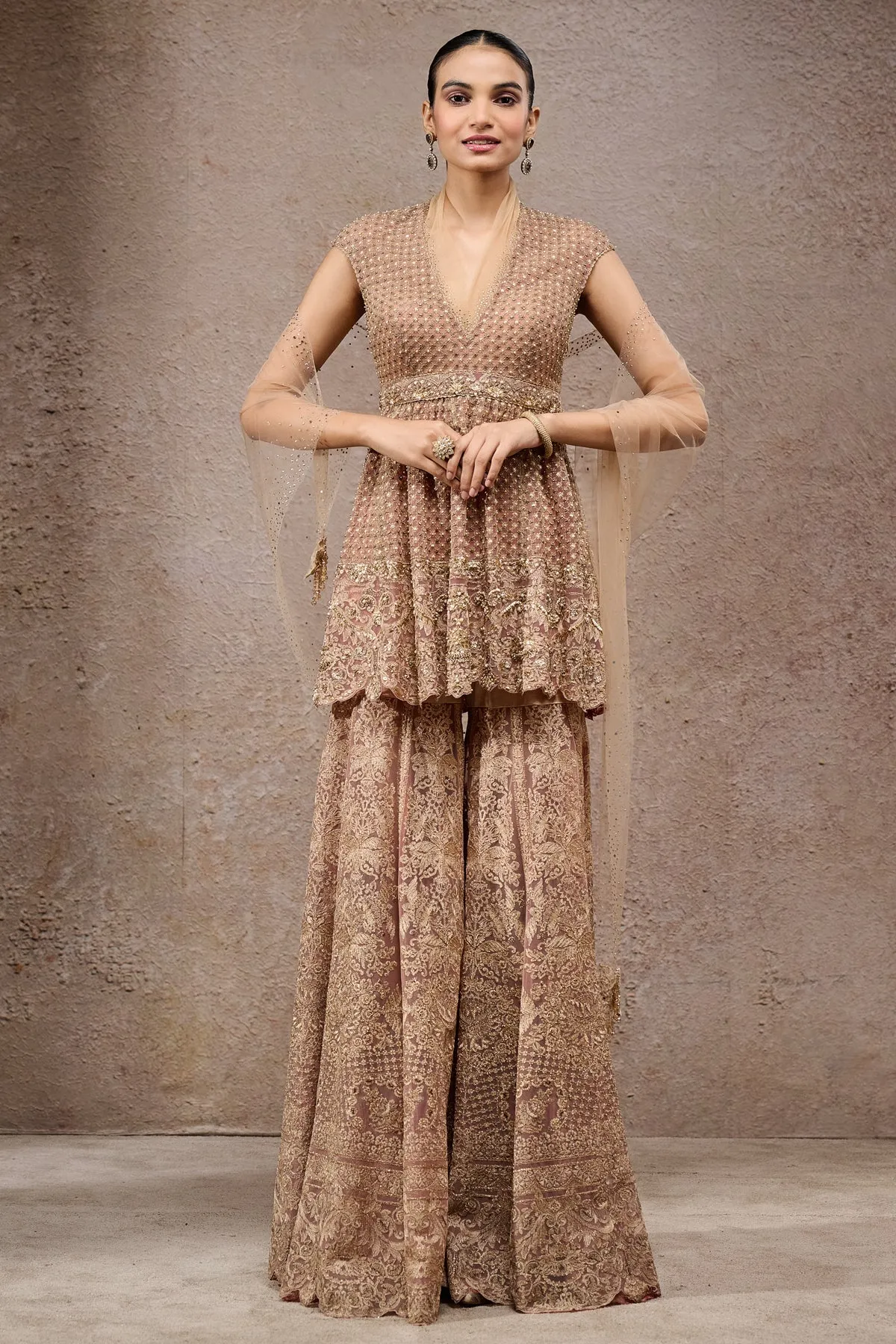 Embroidered Beige Sharara Suit with Dupatta