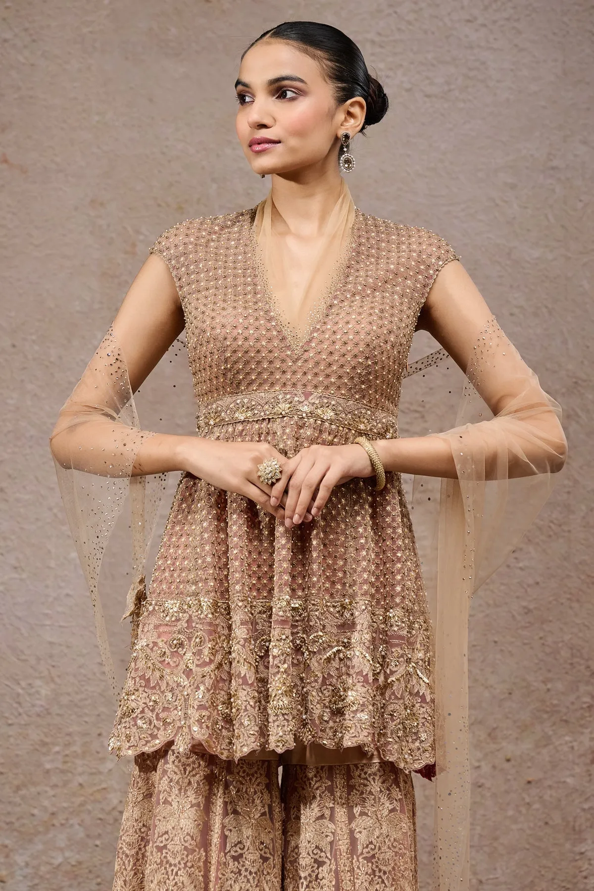 Embroidered Beige Sharara Suit with Dupatta