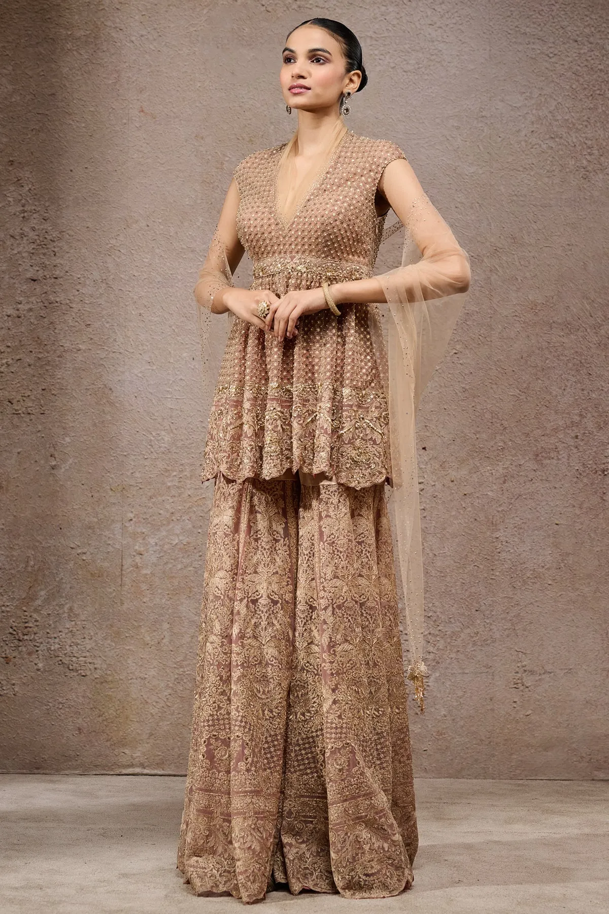 Embroidered Beige Sharara Suit with Dupatta