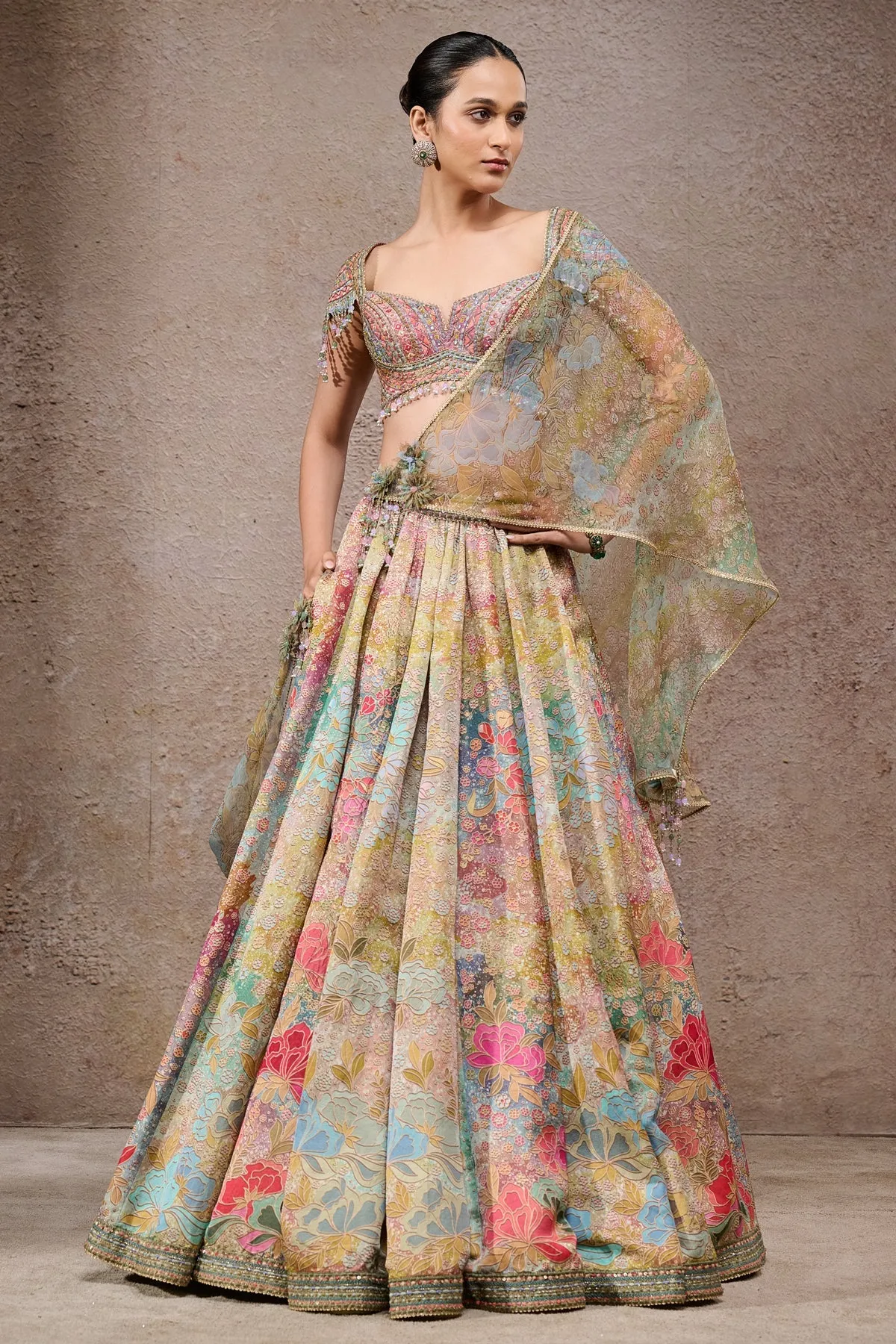Multicolor Floral Embroidered Lehenga with Dupatta