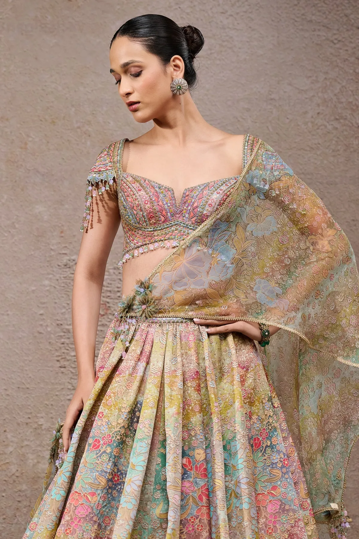 Multicolor Floral Embroidered Lehenga with Dupatta
