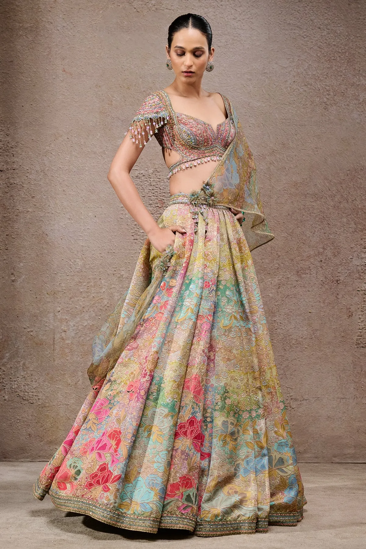 Multicolor Floral Embroidered Lehenga with Dupatta
