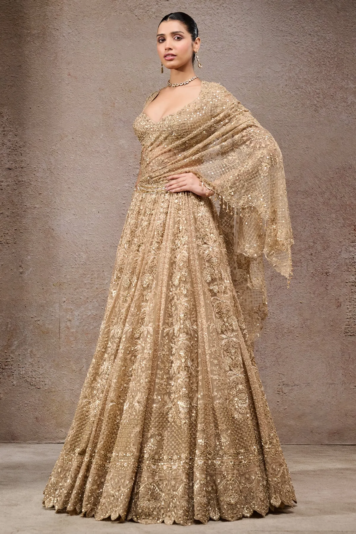 Gold Embellished Bridal Lehenga with Sequined Dupatta